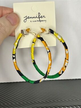 Yellow, Green & Orange Patterned Hoop Earrings